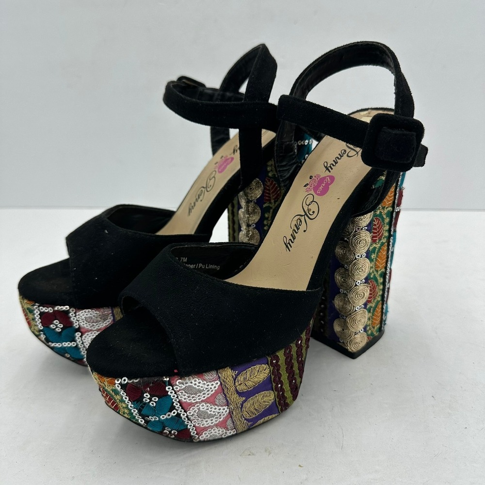 Womens Whimsigoth Maximalist Embroidered Sequin Platform Block Heels Sz 7M Bold